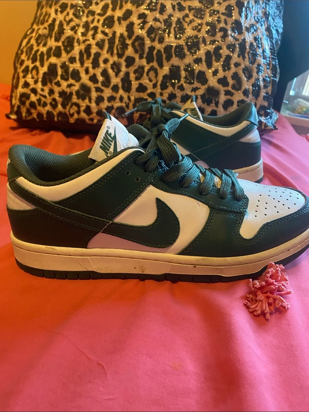 Nike Dunk Low in Dark Green, White, and Black (not original)